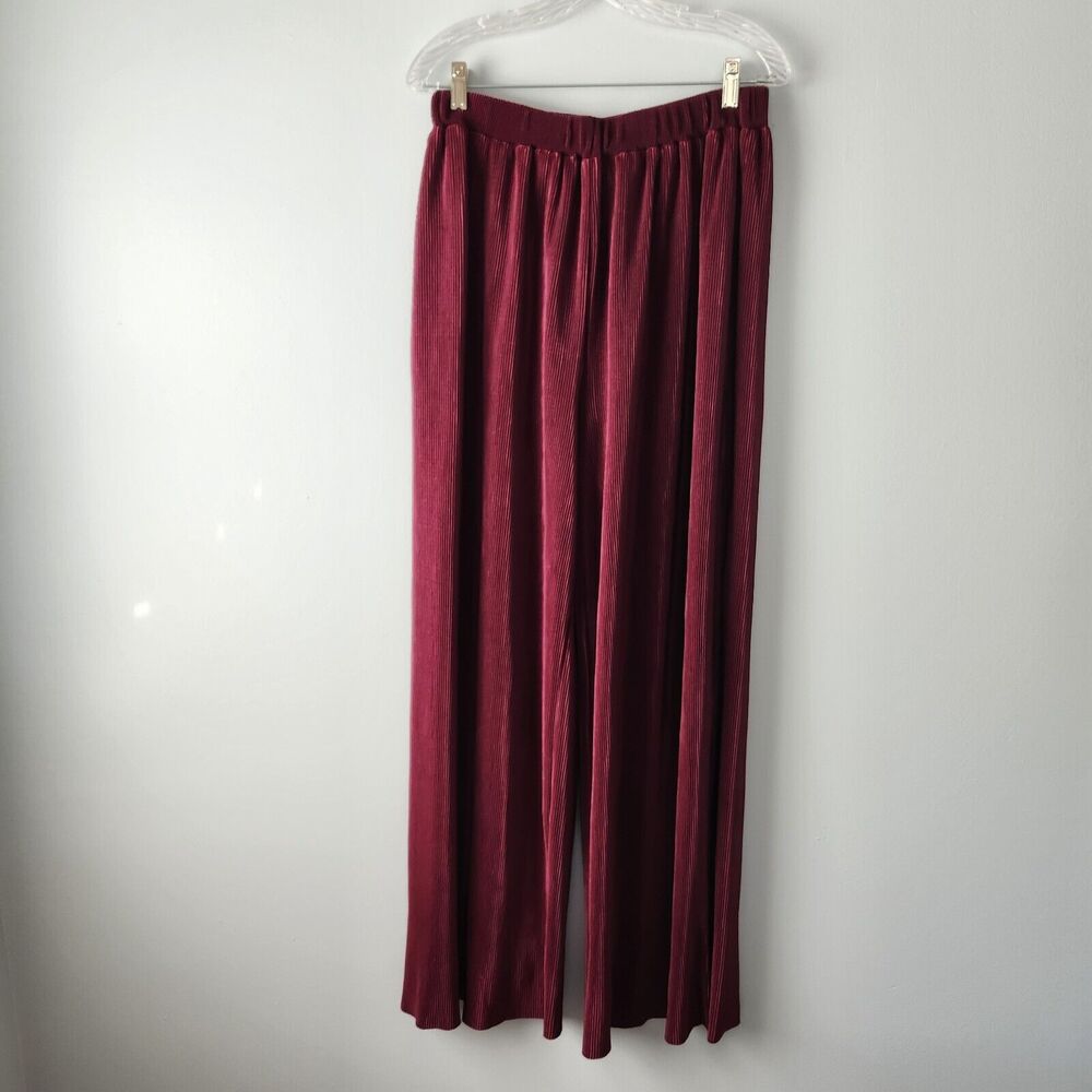 Acoa Pants Women's L Burgundy Crinkle Knit Wide Leg Holiday Evening Party Chic